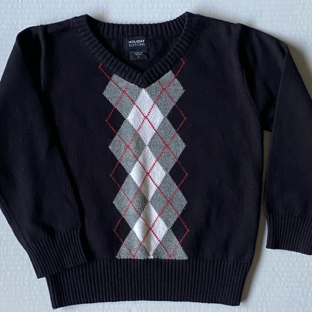 Sweater Size 2T Argyle V-neck Black Gray Pullover Boys Holidays Boys Toddler EUC